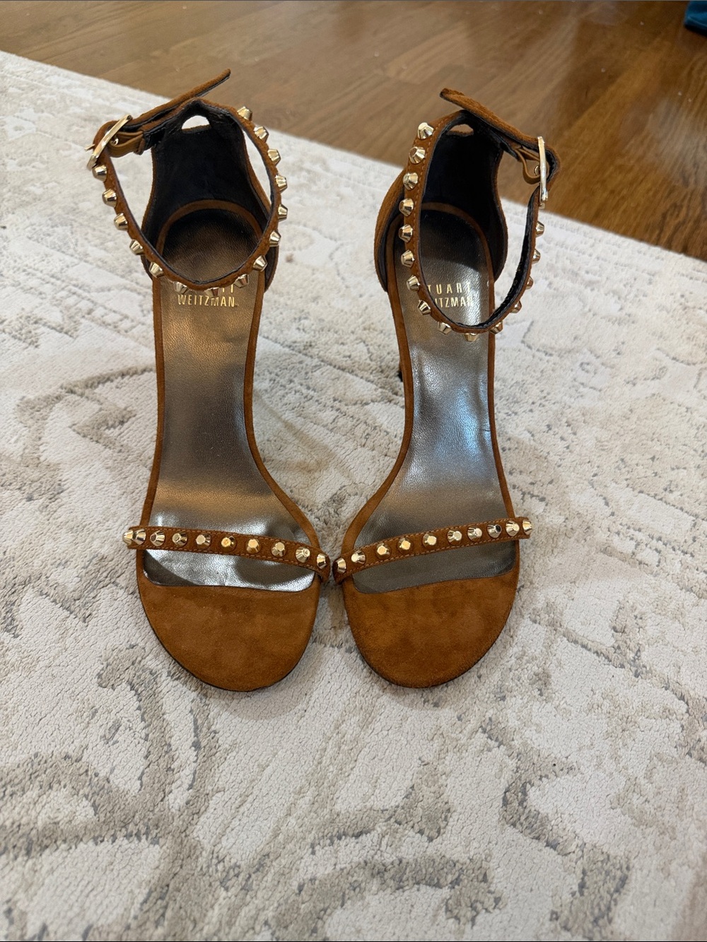 Stuart Weitzman Tan/Brown Suede Studded Ankle-Strap Heels